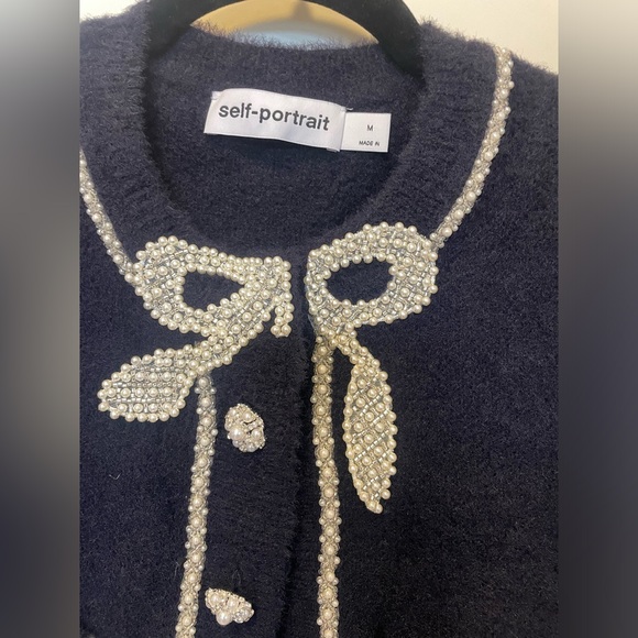 SELF-PORTRAIT Navy Embellished cropped cardigan & matching skirt SZ M $730 - Picture 8 of 11